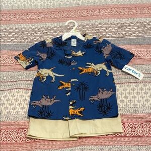 Carter's Blue Dinosaur Print Shirt and Beige Shorts Set